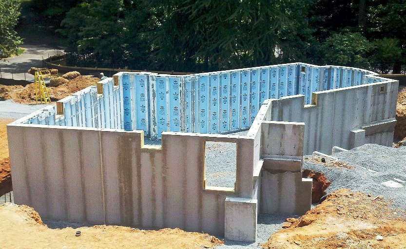 Concrete basement foundation walls under construction