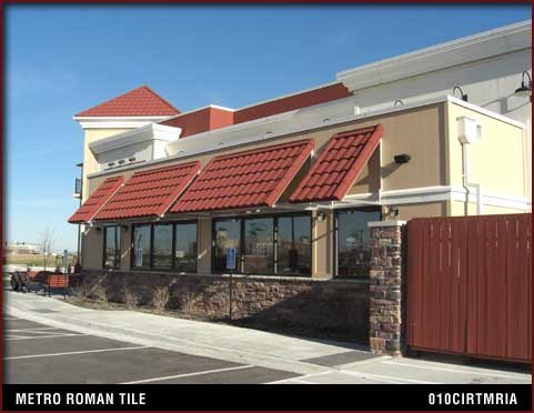 Commercial storefront with red Roman tile awnings